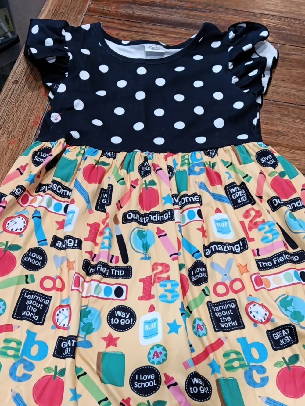 Kids Polka Dot & School Print Dress - Black & Multi